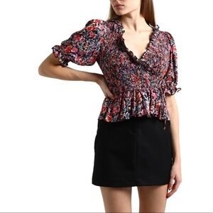 NWT Topshop Floral Smocked Cap Sleeve Wrap Top Size 8